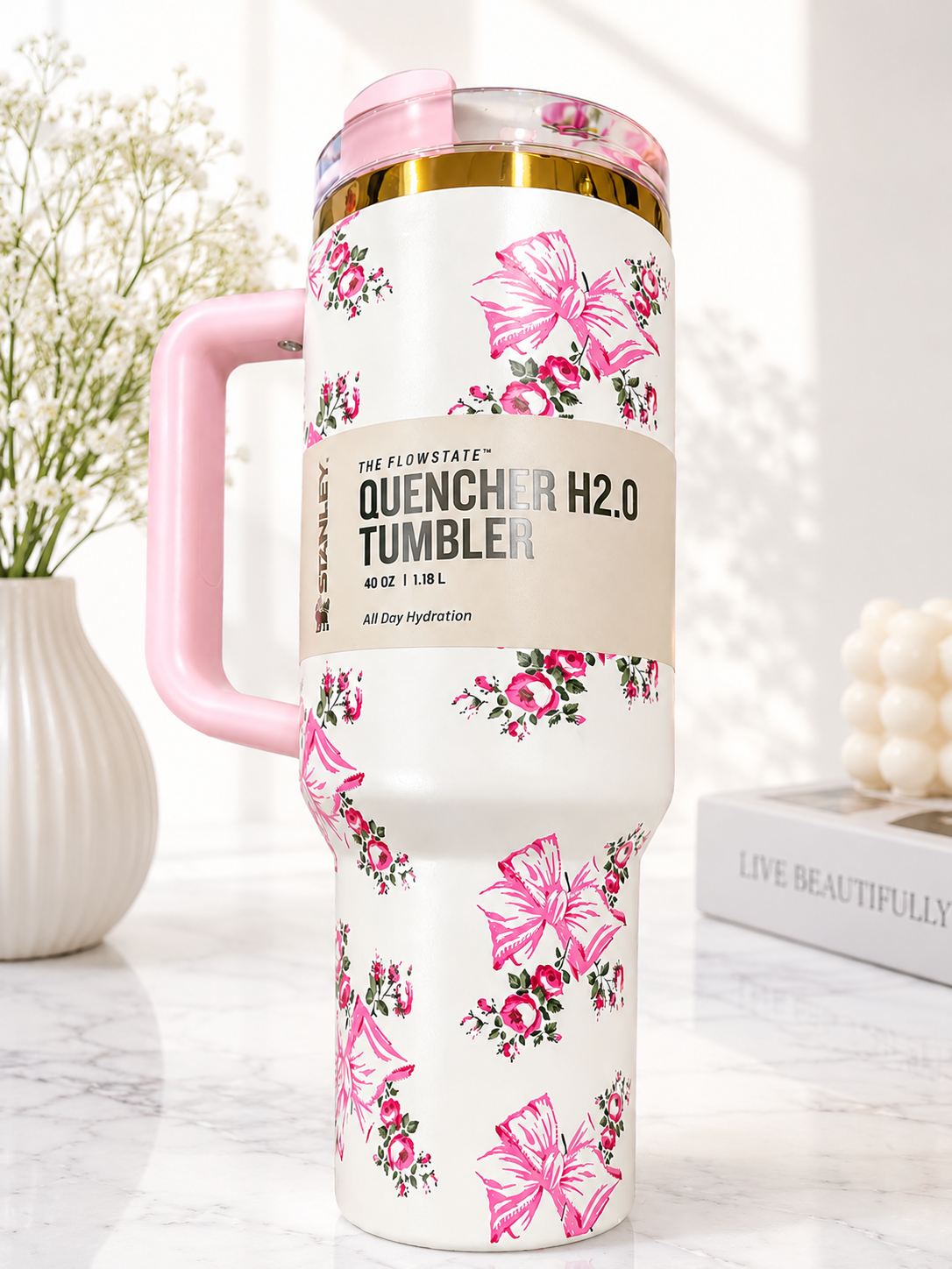 40oz Pink Floral Insulated Tumbler with Handle