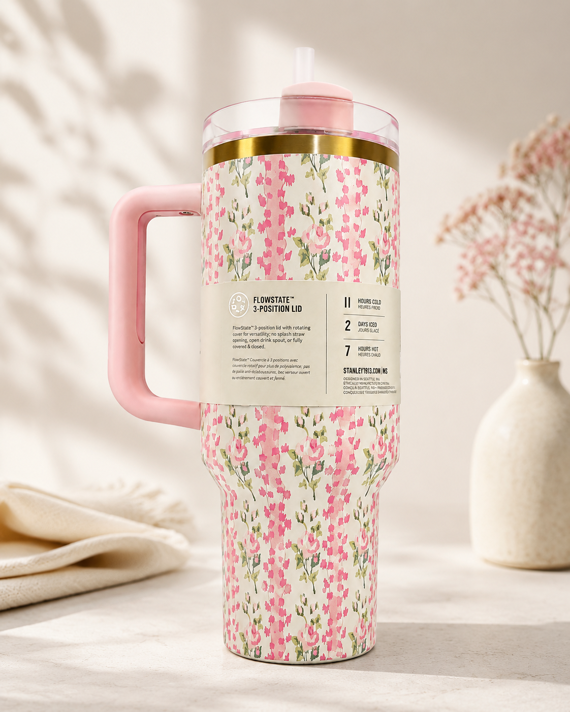 Stanley Quencher H2.0 40oz Pink Floral Tumbler