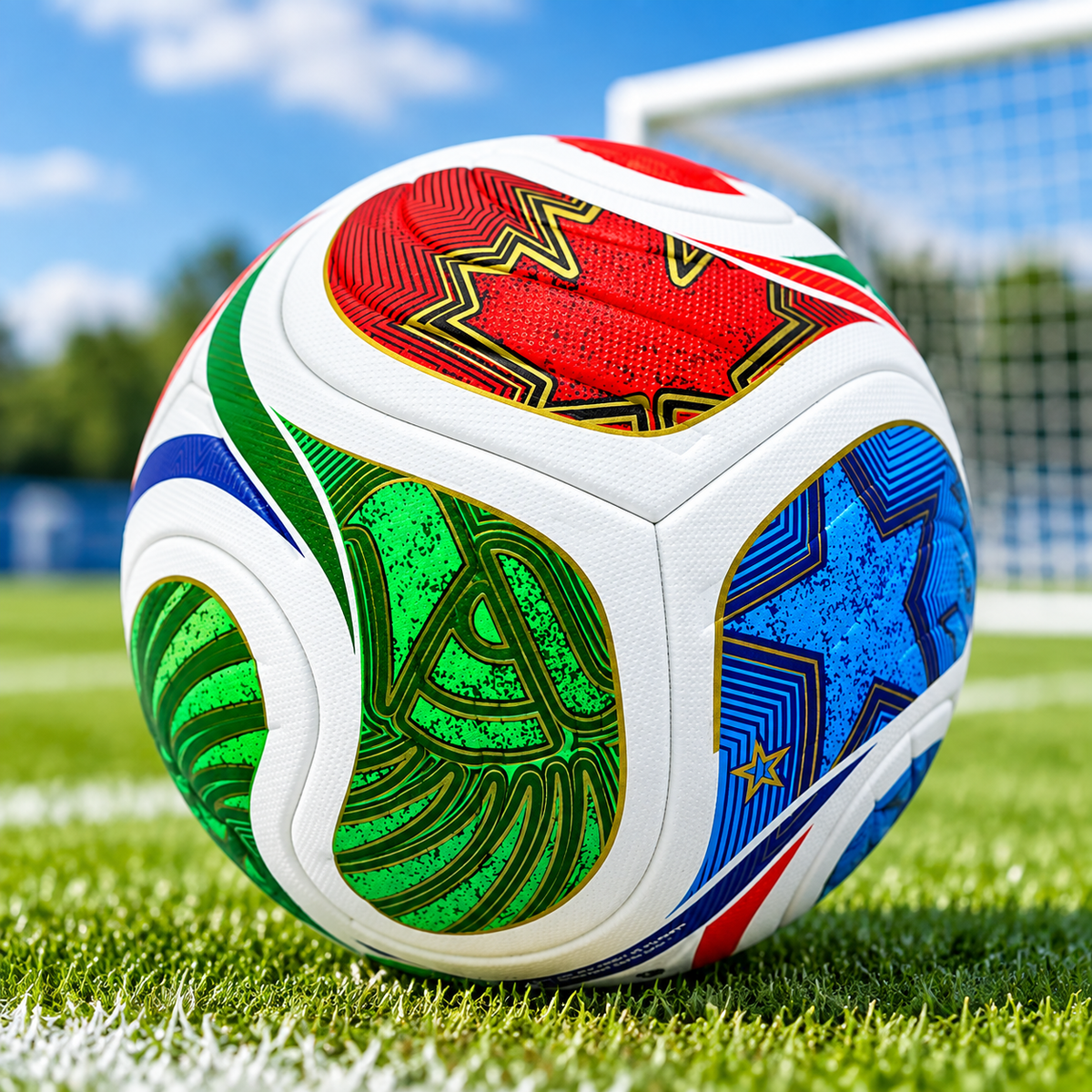 Premium size 5 soccer ball with colorful red, green, and blue geometric patterns placed on a green football field with a blurred stadium background.