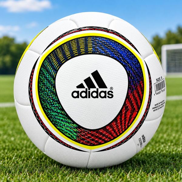 A white Adidas soccer ball with a large circular multicolored panel design in green, blue, yellow, red, and black, displayed on a stand. The Adidas logo is centered on the ball.