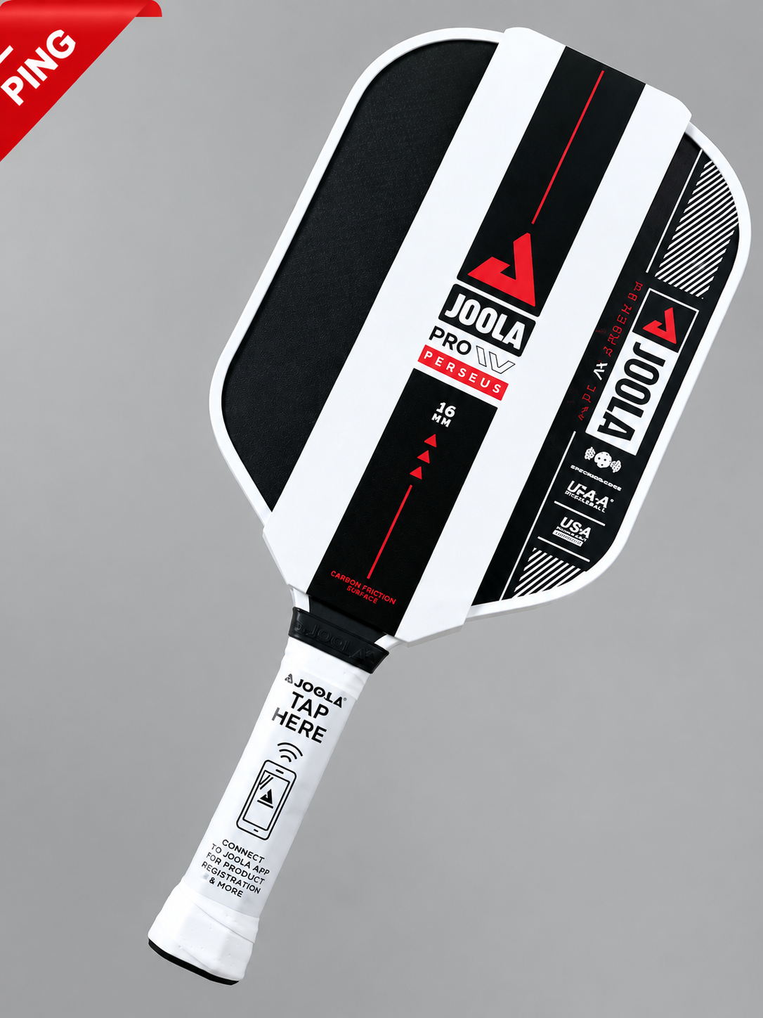 : A person holding a black, white, and red JOOLA Pro Perseus 16mm pickleball paddle, with “USA” and “100T” visible on the paddle face.