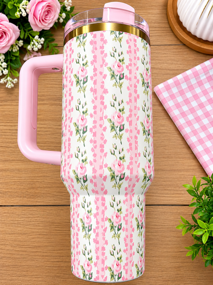 Pink Floral Insulated Tumbler with Handle