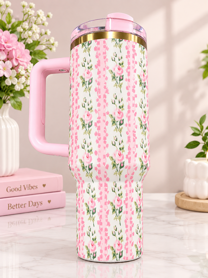 Pink Floral Insulated Tumbler with Handle
