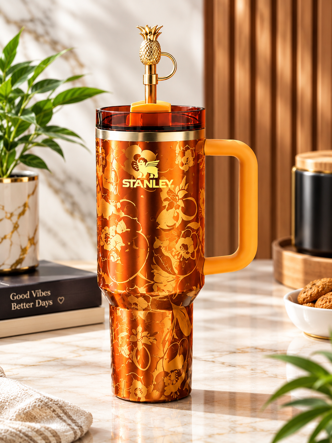 Luxury Copper Floral Tumbler with Pineapple Straw & Handle