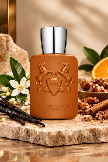 A brown Parfums de Marly perfume bottle with an embossed crest featuring two rearing horses, a central shield, and the words “PARFUMS DE MARLY PARIS” near the bottom.
