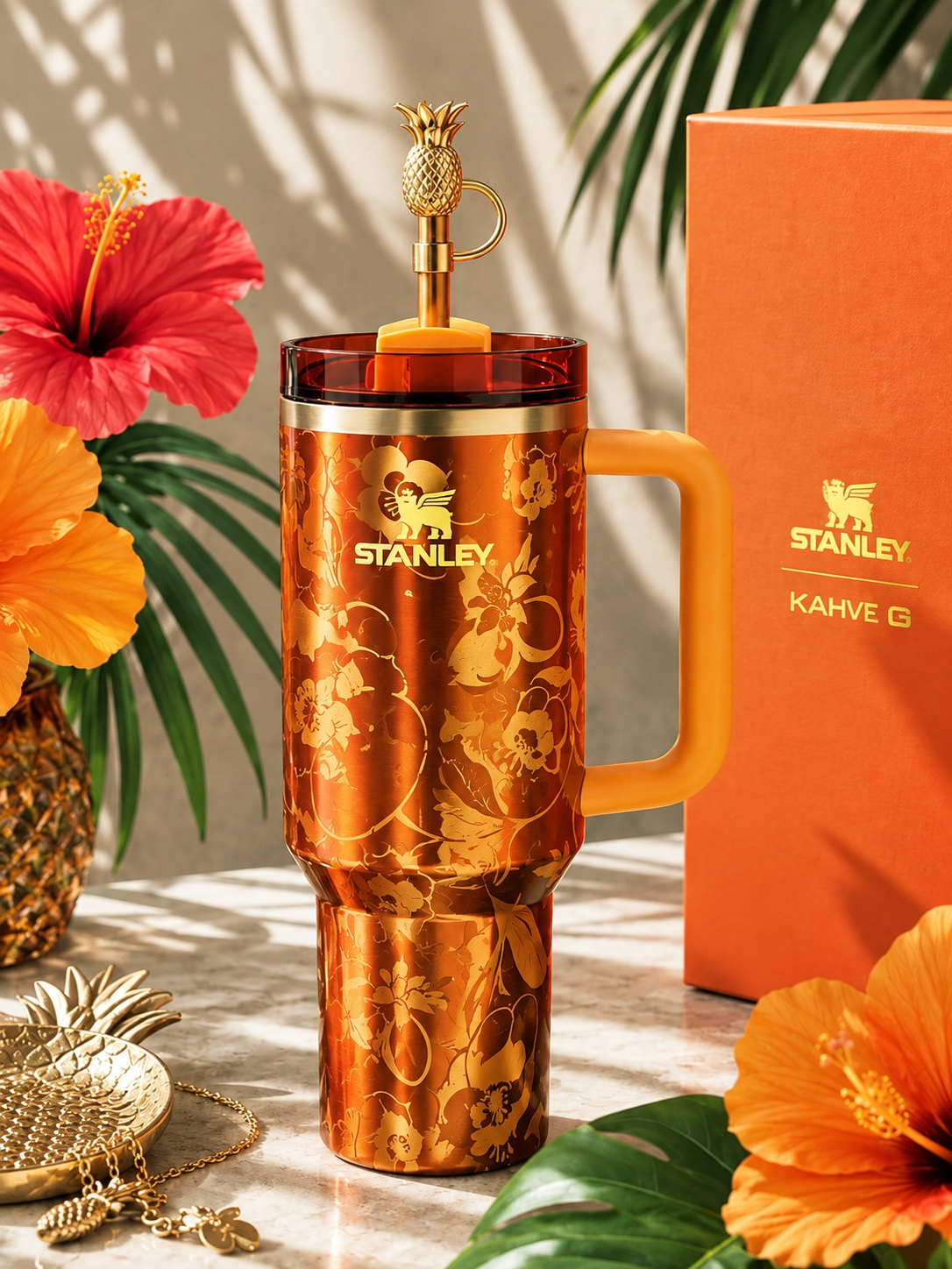Luxury Copper Floral Tumbler with Pineapple Straw & Handle