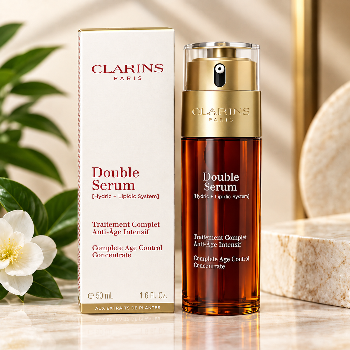 Red and gold cosmetic serum bottle displayed beside its matching white product box.