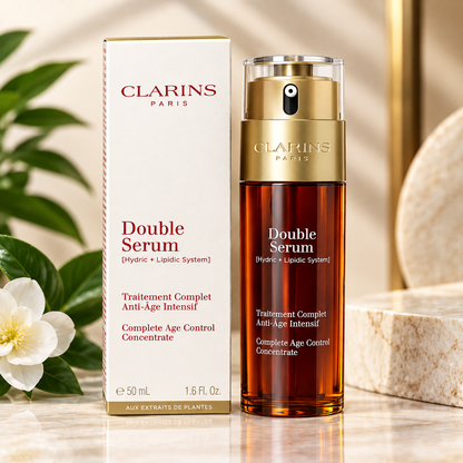 Red and gold cosmetic serum bottle displayed beside its matching white product box.