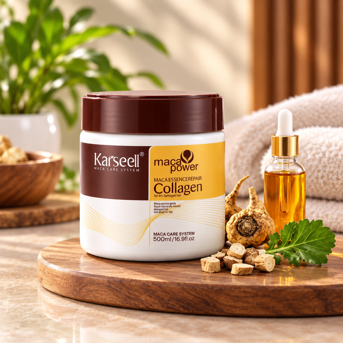 Karseell Maca Power Collagen hair mask, 500 mL, for dry and damaged hair, shown with collagen and argan oil vials, maca roots, hairbrush, and loose hair on a wooden table.