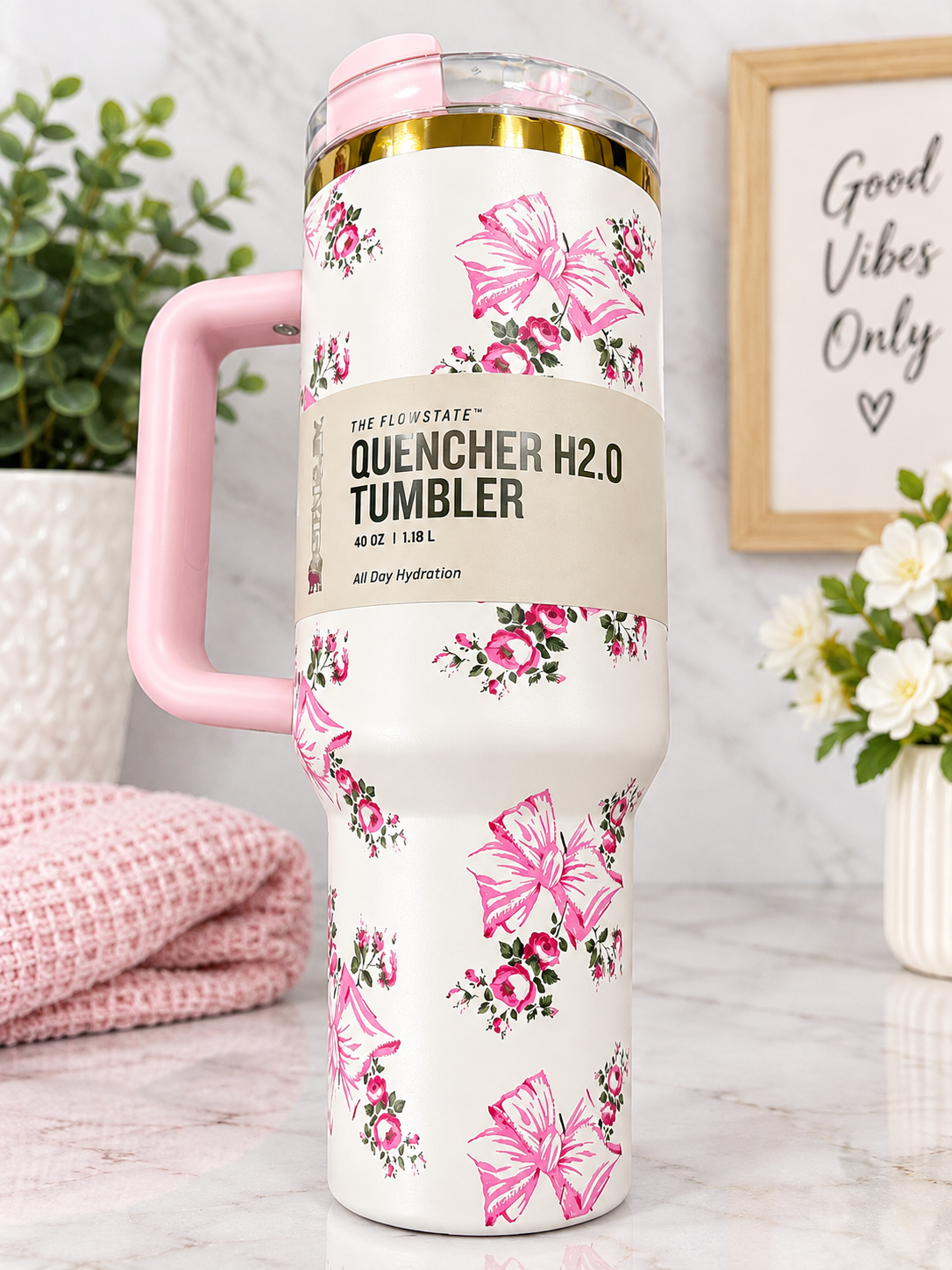 40oz Pink Floral Insulated Tumbler with Handle